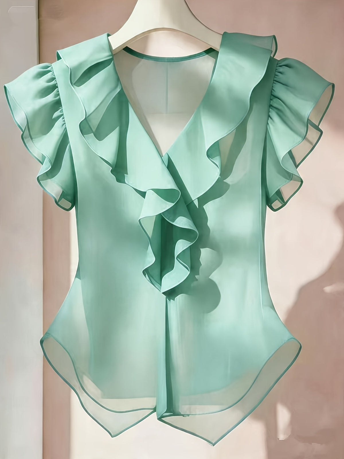 Haut femme en mousseline à manches courtes et volants – Chemisier d'été décontracté coupe évasée, couleur unie, disponible en 21 coloris, 100 % polyester tissé