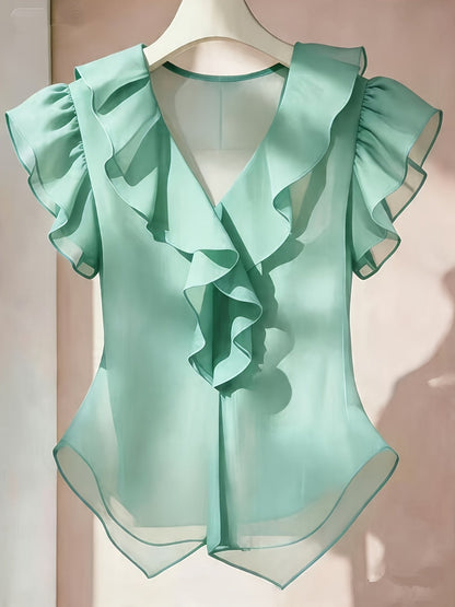 Haut femme en mousseline à manches courtes et volants – Chemisier d'été décontracté coupe évasée, couleur unie, disponible en 21 coloris, 100 % polyester tissé