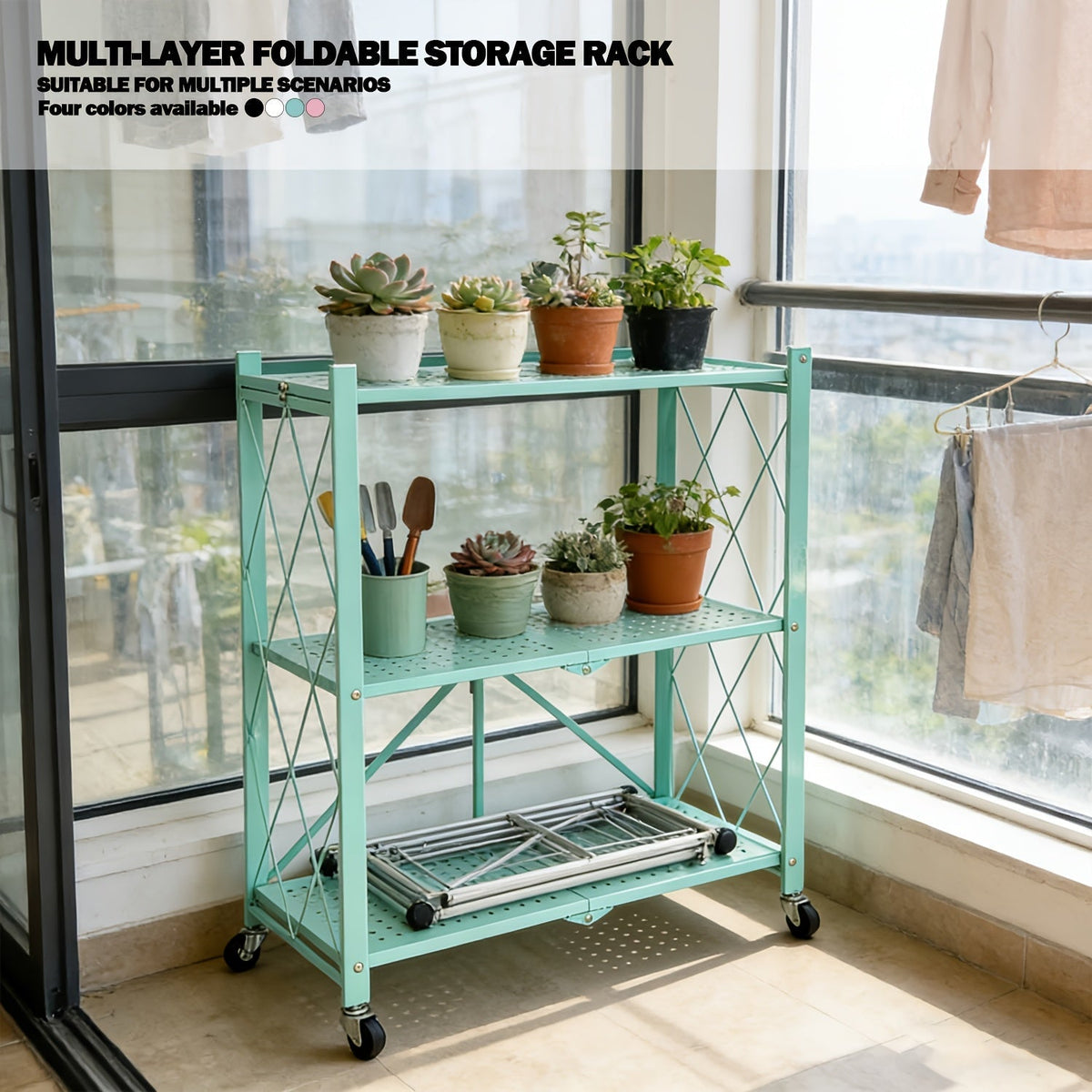 Heavy Duty Folding Storage Rack with Wheels – 3/4/5-Tier Portable Floor-Standing Shelf, No Assembly Required, for Home, Office, Bedroom & Dorm, 4 Colors Available