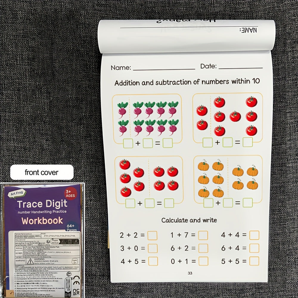 Cahier d'exercices de mathématiques pour enfants – Maternelle et pré-maternelle, 64 pages d'entraînement à l'addition et à la soustraction, cahier d'écriture pour apprendre à tracer les chiffres, apprentissage précoce pour les 3-6 ans