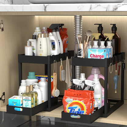 Ensemble de 2 organisateurs sous évier – Tiroirs coulissants à deux niveaux avec 8 crochets, solution de rangement pour meuble de salle de bain sous comptoir, paniers à étagères polyvalents pour cuisine et salle de bain, noir blanc gris