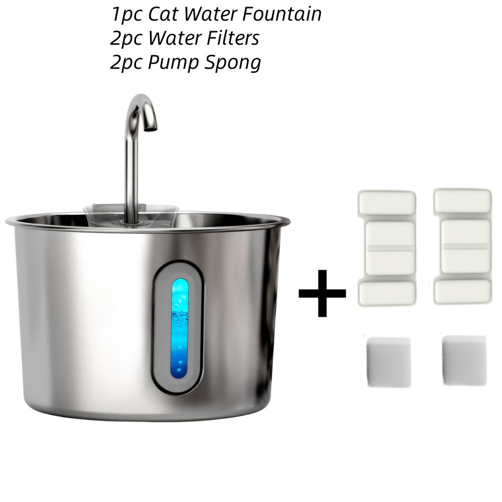 Fontaine à eau pour chat en acier inoxydable 2,2 L - Pompe USB ultra-silencieuse, débit type robinet, filtre à 3 étapes et fenêtre de niveau d'eau visible, fontaine automatique pour chats et petits chiens en intérieur
