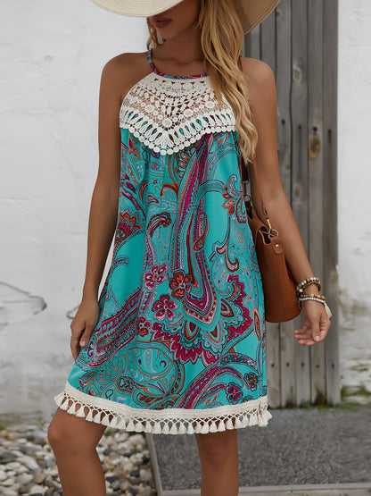 Robe midi pour femme à épaules dénudées, motif cachemire et empiècements en dentelle – Robe d'été à fines bretelles et dos noué pour les vacances, la plage, les voyages et le quotidien