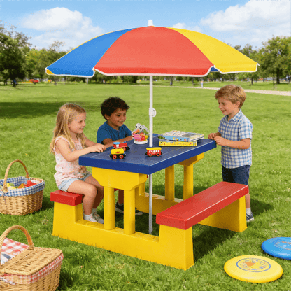 Kids Picnic Table with Removable Foldable Umbrella – 2-in-1 PP Table & Bench Set Seats 4 Children, UV Protection, Safe Rounded Edges, Indoor Outdoor Activity Table for Backyard Garden, Best Gift for Kids