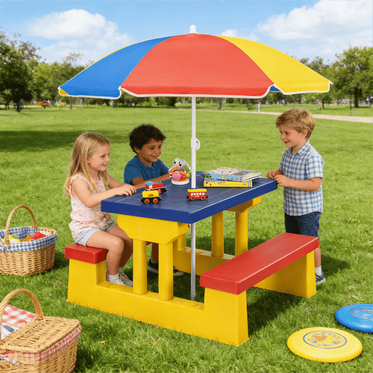 Kids Picnic Table with Removable Foldable Umbrella – 2-in-1 PP Table & Bench Set Seats 4 Children, UV Protection, Safe Rounded Edges, Indoor Outdoor Activity Table for Backyard Garden, Best Gift for Kids