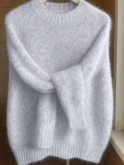 Pull à col rond style français pour femme | Pull en maille 100 % polyester doux et confortable, haut élégant à manches longues et coupe droite pour le printemps et l'automne