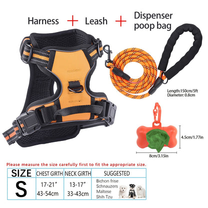 Ensemble harnais et laisse pour chien 4 pièces, gilet réfléchissant en Oxford anti-traction et anti-étranglement avec laisse, distributeur de sacs à déjections et poignée de contrôle facile, pour chiens moyens et grands, dressage et promenade en extérieur
