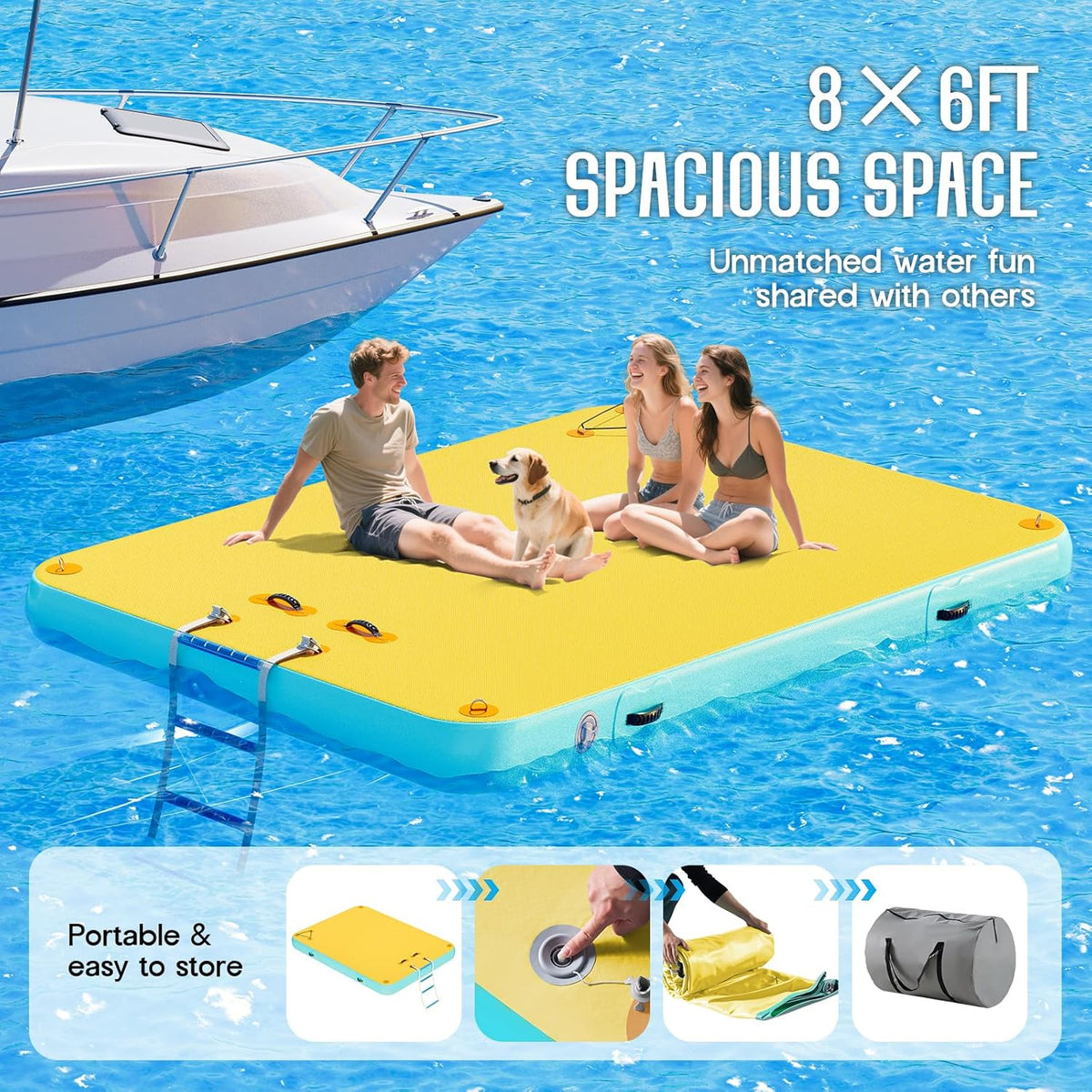 Plateforme flottante gonflable pour lac – Plateforme de baignade modulaire en PVC Drop Stitch de 3,6 m x 1,8 m avec anneaux en D, échelle de corde et pompe manuelle, tapis d'eau antidérapant pour adultes et enfants
