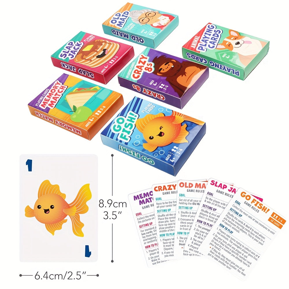 Jeu de 6 cartes pour enfants avec 6 paquets – Pêche, Pouilleux, Huit Américain, Mémo, Slap Jack et cartes Animaux | Soirée jeux en famille à partir de 4 ans, cadeau d'anniversaire et de Noël, cadeau de Noël