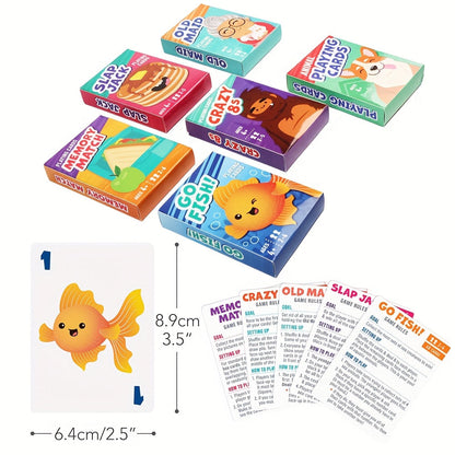 Jeu de 6 cartes pour enfants avec 6 paquets – Pêche, Pouilleux, Huit Américain, Mémo, Slap Jack et cartes Animaux | Soirée jeux en famille à partir de 4 ans, cadeau d'anniversaire et de Noël, cadeau de Noël