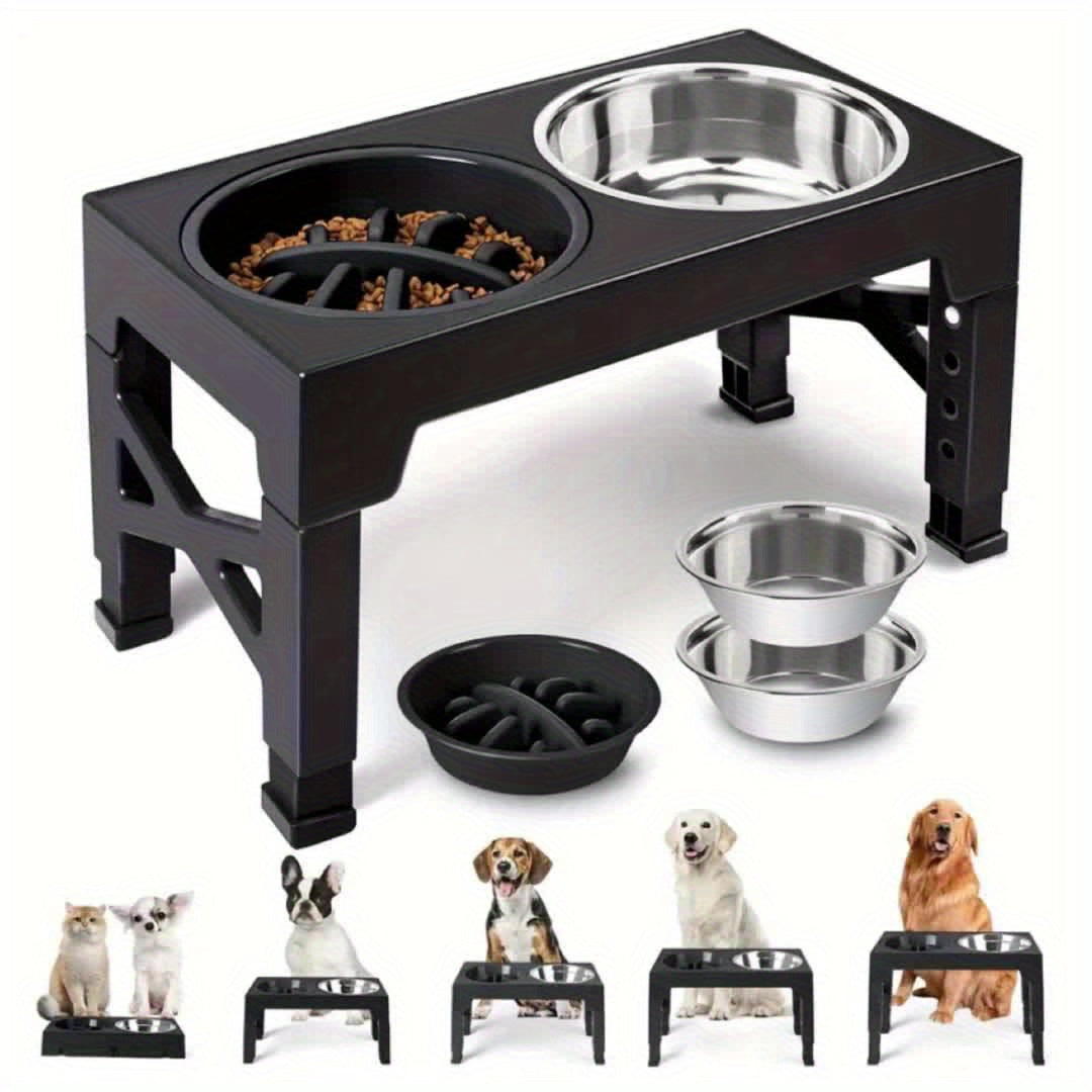 Support de gamelle réglable en hauteur avec gamelle anti-glouton et bol en acier inoxydable – Station de nourriture pliable à 5 niveaux pour chiens et chats de taille moyenne à grande, noir et rose