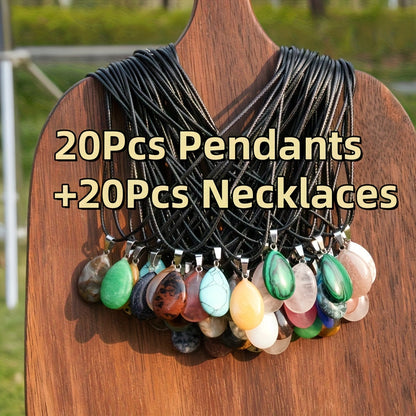 Lot de 40 colliers avec pendentif goutte en cristal naturel – Pendentifs en pierre multicolore avec cordon en similicuir, bijoux bohèmes élégants en gros pour fêtes, loisirs créatifs et cadeaux