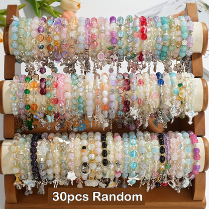 Ensemble de 30 bracelets de perles en verre pour femme, bracelets extensibles empilables avec breloques papillon, fleurs, cœurs et étoiles, multicolores - Coffret cadeau de bijoux bohèmes pour la Saint-Valentin, un anniversaire ou une fête