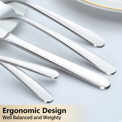 Ensemble de couverts en acier inoxydable 60/90 pièces – Argenterie pour 12 à 18 personnes avec coffret cadeau, couteaux à steak, fourchettes à salade, cuillères à dessert, lavable au lave-vaisselle, pour la maison, mariage, camping, fête, Halloween