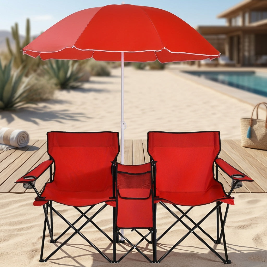 Ensemble de 2 chaises de plage pliantes avec parasol, table et sac isotherme – Chaise de pique-nique compacte et pliable pour la plage, le camping et les sorties en plein air, capacité de 122 kg par siège
