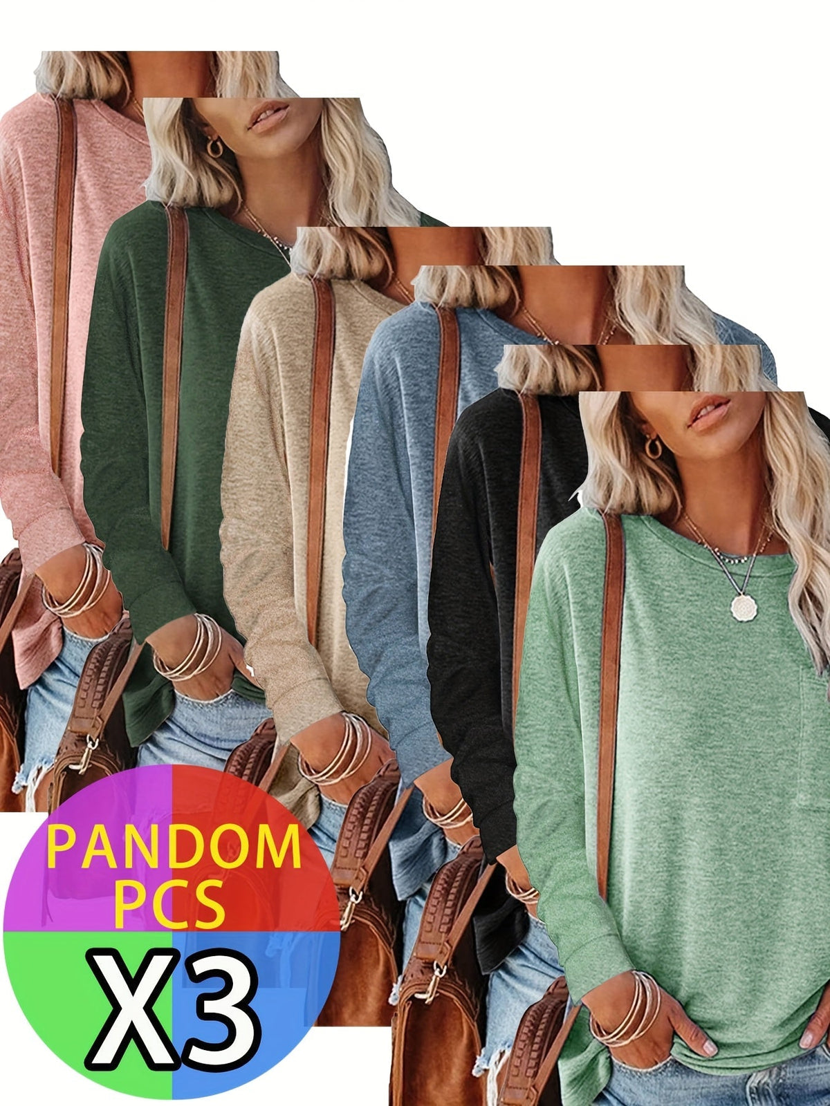 Lot de 3 t-shirts à manches longues pour femme, hauts basiques décontractés et doux avec poche poitrine et ourlet fendu – T-shirts chauds et confortables pour femme S M L XL XXL Automne Hiver