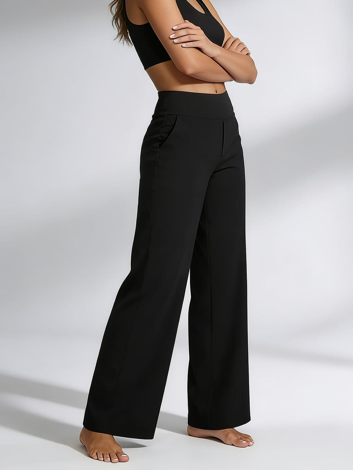 Pantalon de yoga taille haute à jambe droite pour femme avec poches – Vêtement de sport décontracté, extensible et ample pour femme, pantalon d'entraînement uni d'été pour le yoga, la gym, le pilates et le quotidien, S-XXL