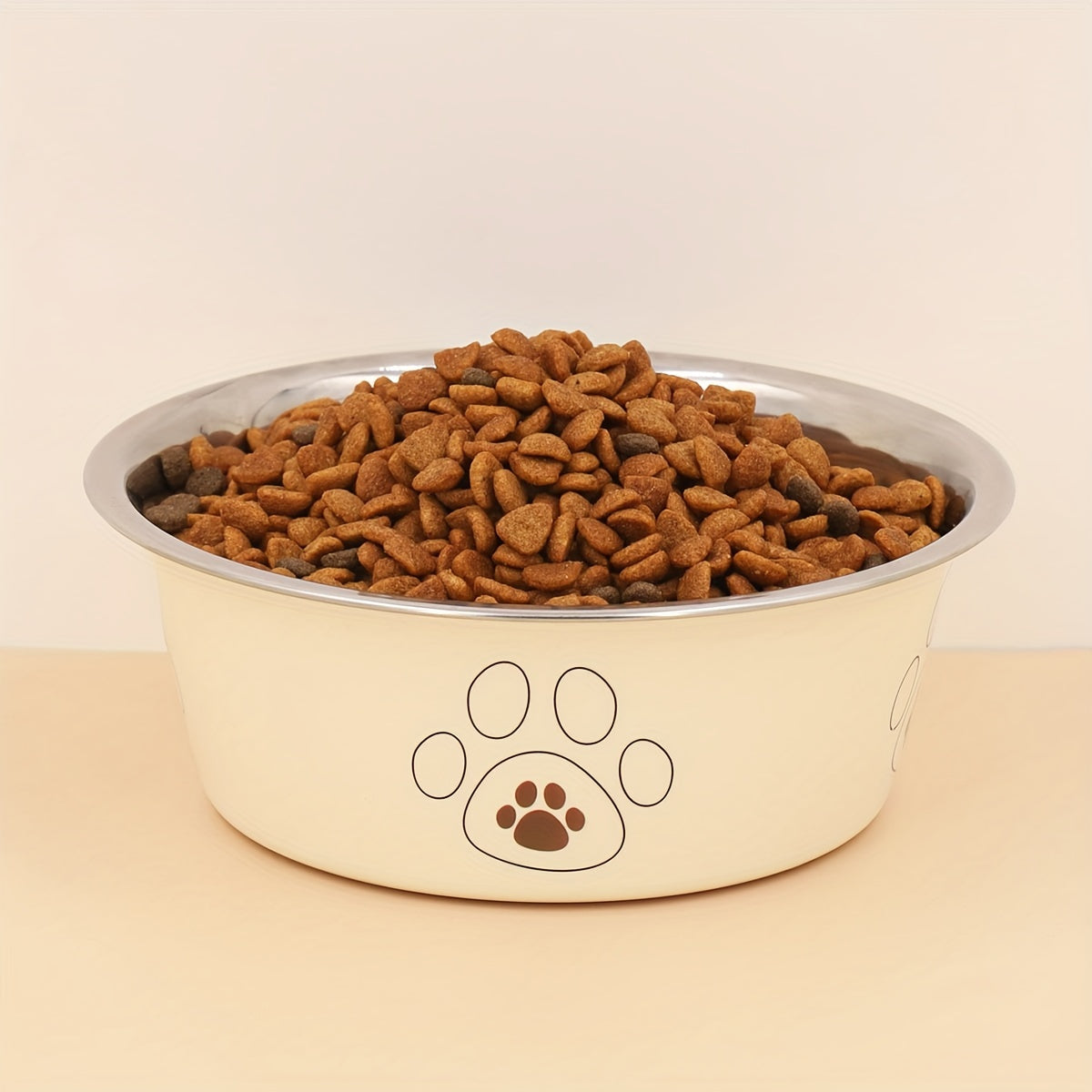 Écuelle pour chien en acier inoxydable avec motif empreintes, durable et antidérapante, bol pour nourriture et eau pour chiens, usage intérieur et extérieur, tailles S M L XL, coloris beige, rose, bleu