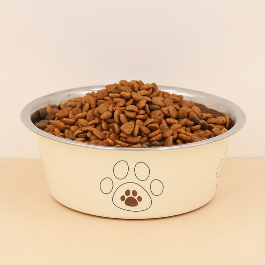 Écuelle pour chien en acier inoxydable avec motif empreintes, durable et antidérapante, bol pour nourriture et eau pour chiens, usage intérieur et extérieur, tailles S M L XL, coloris beige, rose, bleu