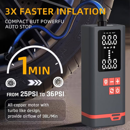 Compresseur d'air portable sans fil – Rechargeable par USB, affichage numérique, éclairage LED, adaptateurs multi-embouts, batterie au lithium, convient aux voitures, motos, vélos et ballons de sport