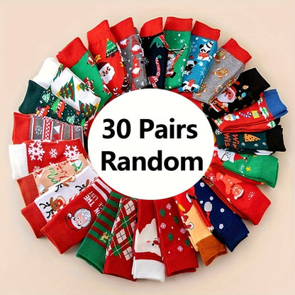 Chaussettes de Noël, 30 paires, motifs de fête amusants : rennes, Père Noël, flocons de neige, pain d'épices, sapin de Noël, chaussettes chaudes à motifs – Coffret cadeau unisexe pour hommes et femmes