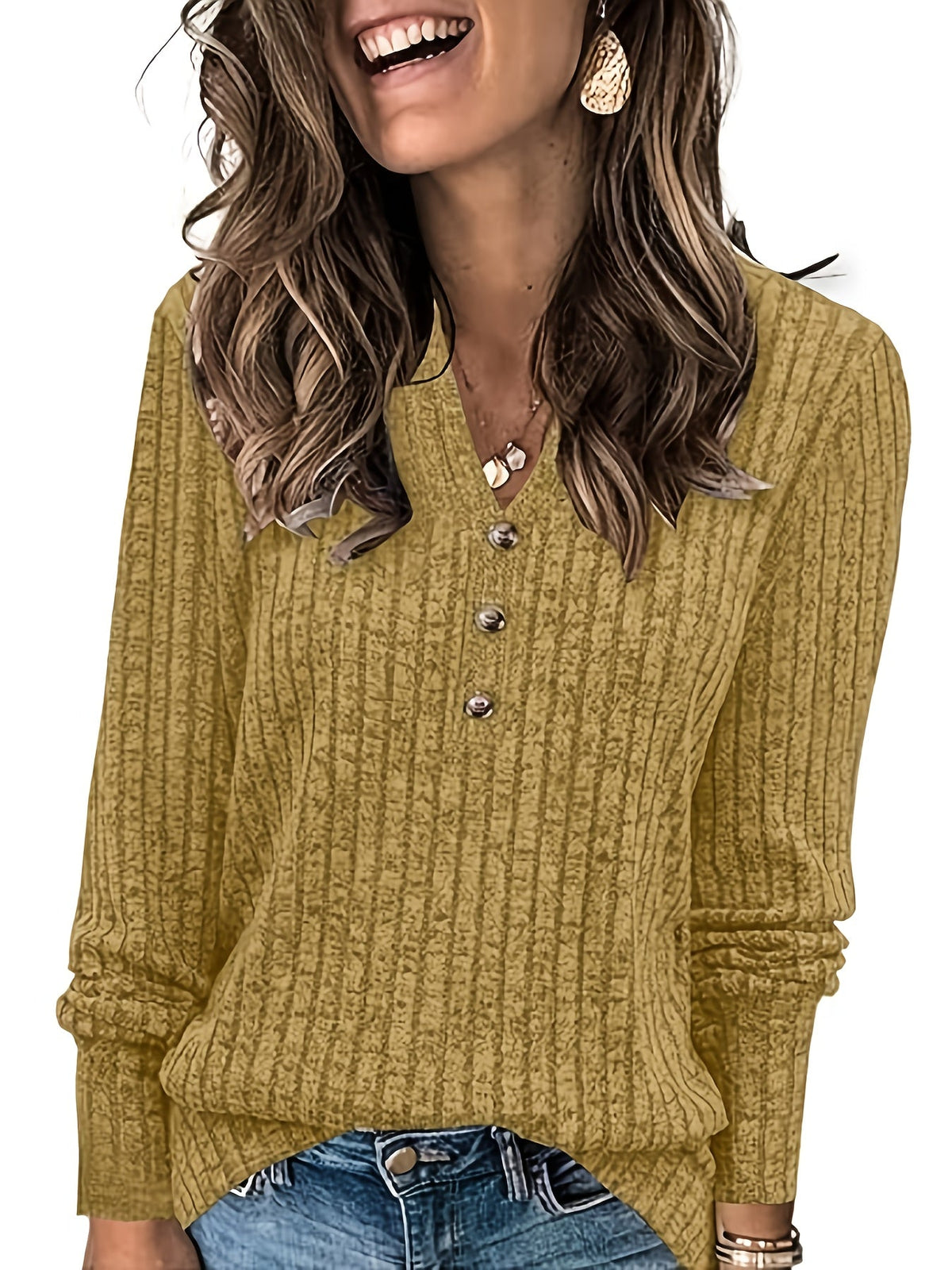Women's Ribbed V-Neck Sweatshirt Long Sleeve Casual Loose Knit Top for Women Fall Winter Fashion S-XXL Multiple Colors