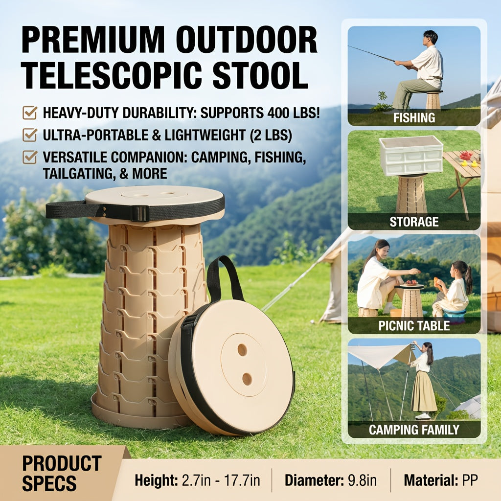 Lot de 2 tabourets pliants télescopiques – Capacité de 180 kg, tabouret de camping portable, rangement compact pour voyage, camping, randonnée, pêche et barbecue dans le jardin – Siège en plastique léger, cadeau pour homme
