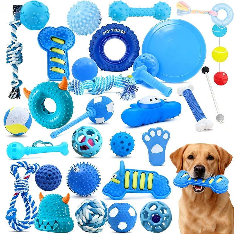 Ensemble de 7 jouets à mâcher pour petit chien, série bleue – Jouets pour animaux durables et résistants, assortiment de jouets grinçants et texturés pour les dents, l'ennui et le jeu interactif, styles aléatoires