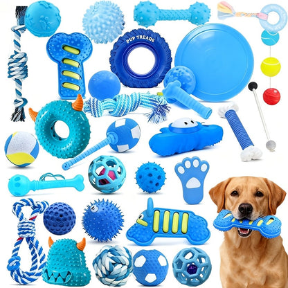 Ensemble de 7 jouets à mâcher pour petit chien, série bleue – Jouets pour animaux durables et résistants, assortiment de jouets grinçants et texturés pour les dents, l'ennui et le jeu interactif, styles aléatoires