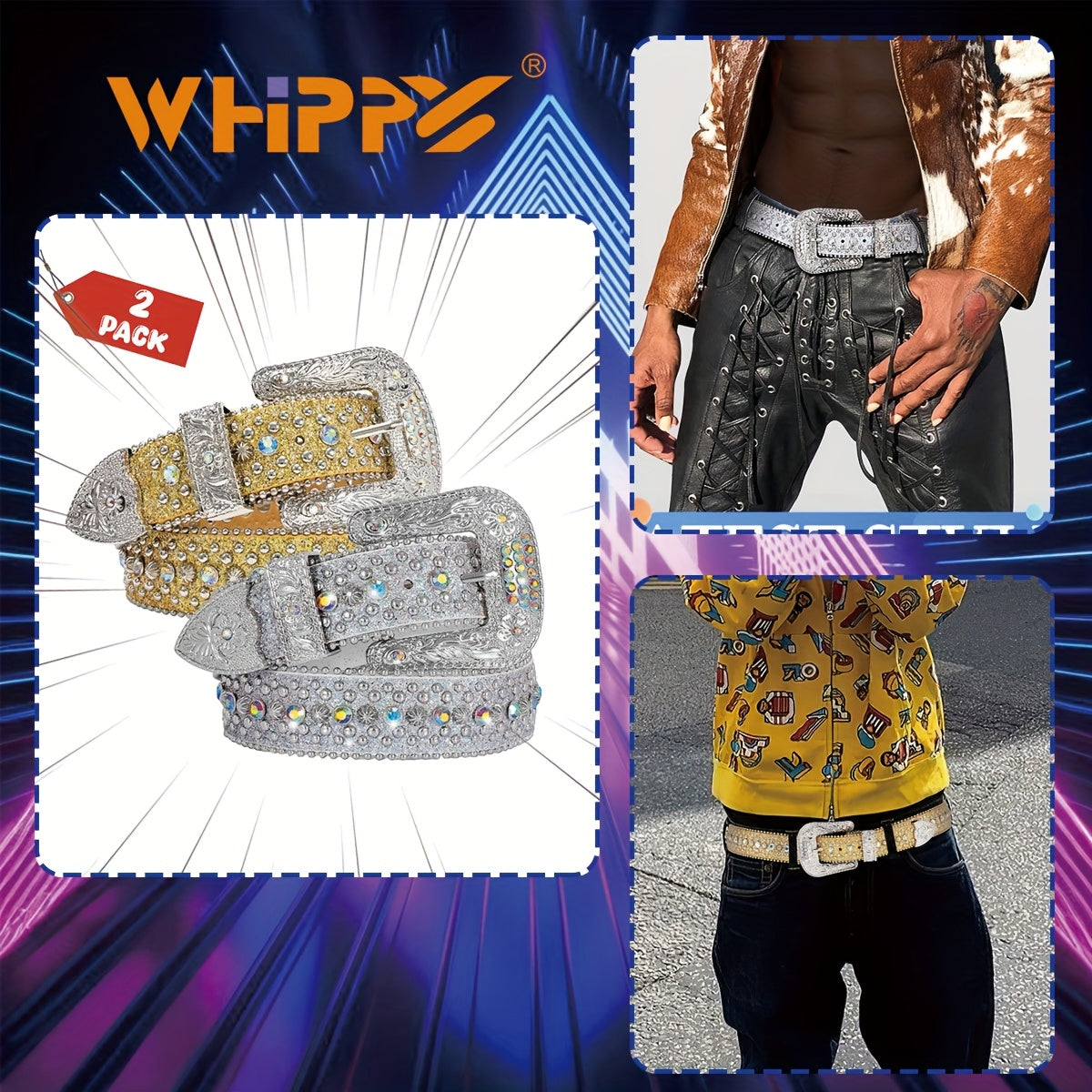Rhinestone Belt Unisex Western Cowgirl Bling Belt – Sparkling Faux Leather Adjustable Waist Belt with Alloy Buckle for Women Men Sizes S-XL Party Festival Halloween Christmas Gift