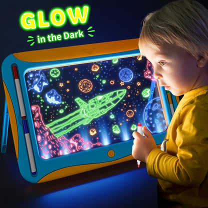 Tablette à dessin lumineuse LED pour enfants de 3 à 8 ans – Kit d’art phosphorescent avec 9 cartes recto-verso et 6 marqueurs, jouet éducatif de voyage, cadeau d'anniversaire et de Noël pour filles et garçons