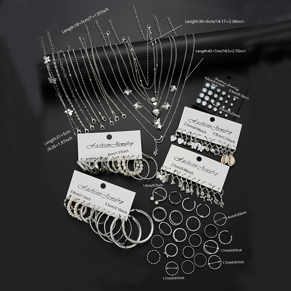 Ensemble de bijoux pour femme 108 pièces, collier, bracelet, bracelet de cheville, bague et boucles d'oreilles vintage avec papillon, cœur et strass, chaînes multicouches, bijoux fantaisie argentés, cadeau pour elle
