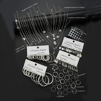 Ensemble de bijoux pour femme 108 pièces, collier, bracelet, bracelet de cheville, bague et boucles d'oreilles vintage avec papillon, cœur et strass, chaînes multicouches, bijoux fantaisie argentés, cadeau pour elle