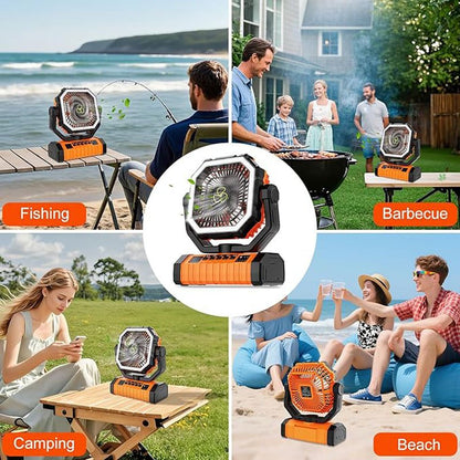 Ventilateur de camping 20000 mAh avec lanterne LED, rechargeable, oscillant, 4 vitesses et minuterie - Ventilateur de tente portable pour le camping, les véhicules récréatifs, les chantiers et les pannes de courant