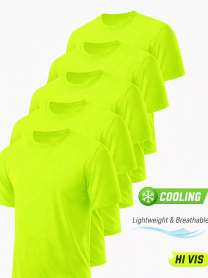 Lot de 5 chemises de travail de sécurité pour hommes UPF 50+ – T-shirts de performance respirants à séchage rapide pour les travaux en extérieur, jaune fluorescent haute visibilité, S-XXXL, cadeau pour papa