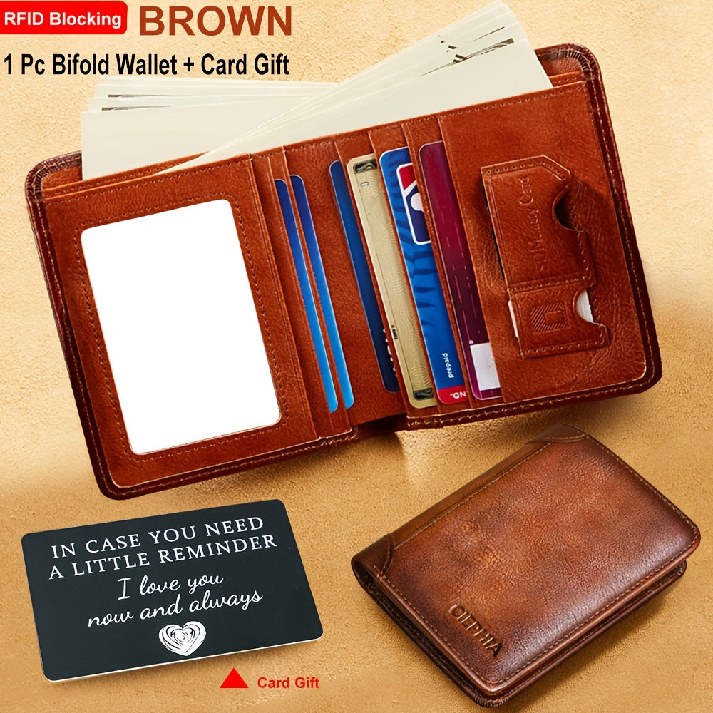 Portefeuille pour homme en cuir véritable avec protection RFID, trois volets, cuir de vachette vintage, porte-cartes de crédit, 2 fenêtres pour carte d'identité, pince à billets, emplacements pour espèces, cadeau de fête des pères pour papa ou mari