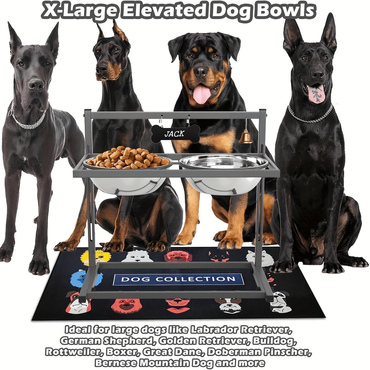 Gamelles surélevées pour grands chiens, support réglable avec 2 gamelles en inox de 3000 ml, structure en fer anti-basculement pour races très grandes