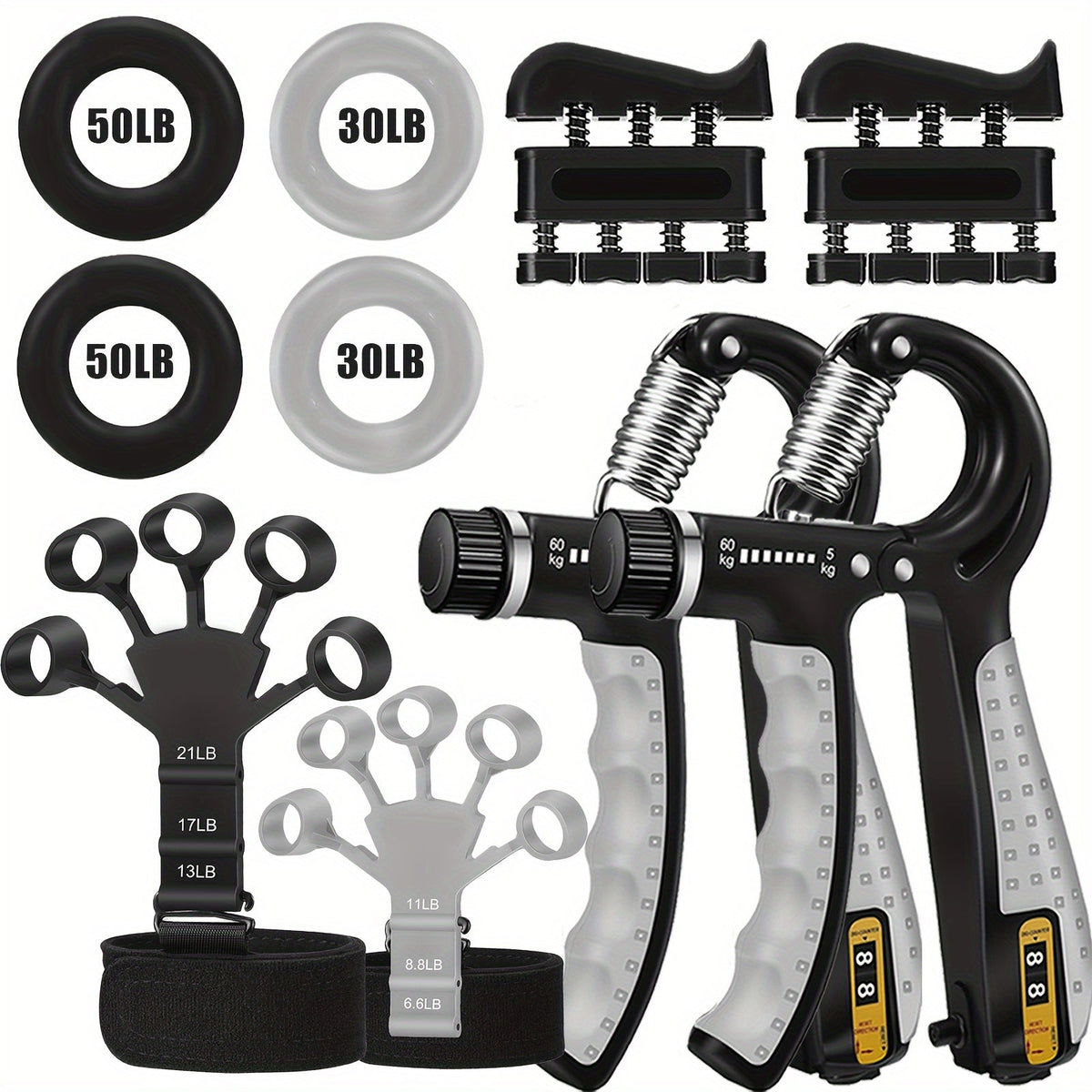 Kit d'entraînement de la force de préhension 4 pièces – Pince de musculation, exerciseur de doigts, anneau de renforcement manuel et extenseur de doigts avec dragonne pour hommes, femmes et athlètes