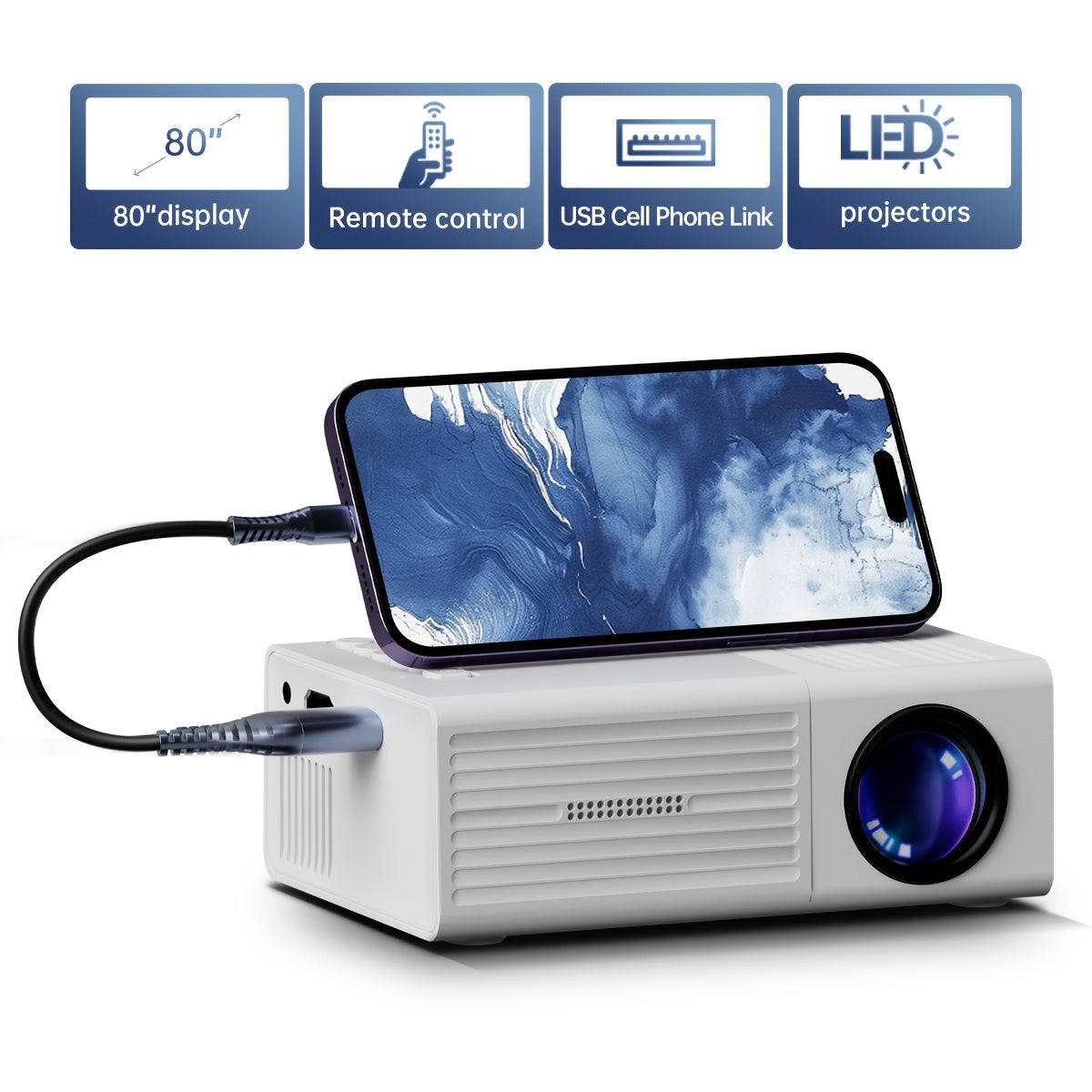 Mini projecteur résolution native 1280x720P avec projection d'écran mobile – Projecteur home cinéma portable pour bureau, camping en plein air, films, iPhone, Android, ordinateur portable