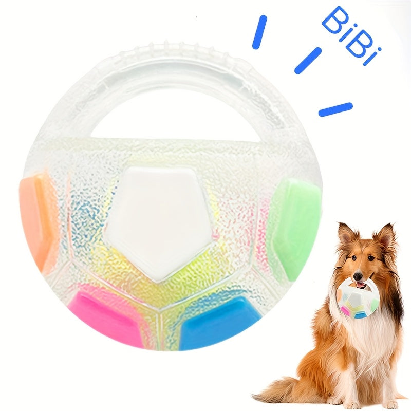 Jouet pour chien ballon de football avec couineur et poignée de transport - Balle interactive pour chien en TPR durable pour toutes les tailles, jouet rebondissant de 14 cm pour rapporter et dribbler, pour jouer à l'intérieur et à l'extérieur
