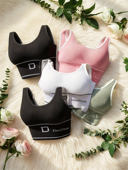 Lot de 5 brassières de sport sans fil – Brassière en nylon haute élasticité à couvrance totale pour yoga, course à pied, salle de sport, respirante et lavable en machine, couleurs assorties, imprimé DANSHEER, pack de brassières de sport pour femmes