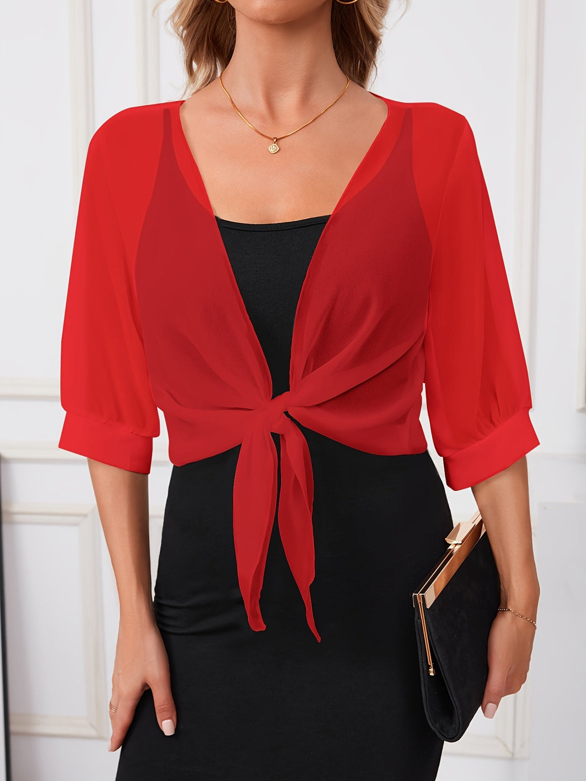 Chemisier femme à col en V avec nouage à l'avant – Veste chemise tissée légère et semi-transparente disponible en 14 coloris pour le printemps, l'été et l'automne
