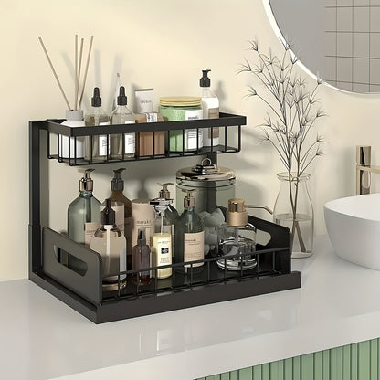 Organisateur sous évier à 2 niveaux, tiroir coulissant en métal pour rangement de cuisine, salle de bain ou plan de travail, accessoires de rangement et étagère.