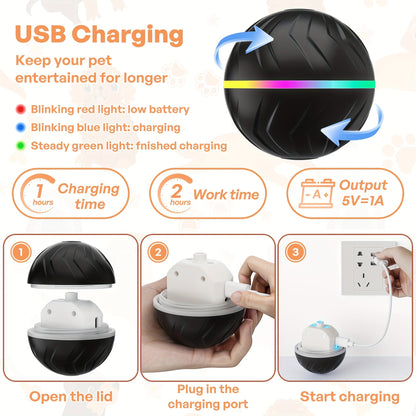 Balle interactive intelligente pour chien avec lumières LED – Roulé et rebonds automatiques aléatoires, 4 heures d'autonomie, rechargeable par USB, fonctionne sur parquets, carrelages, tapis et pelouses