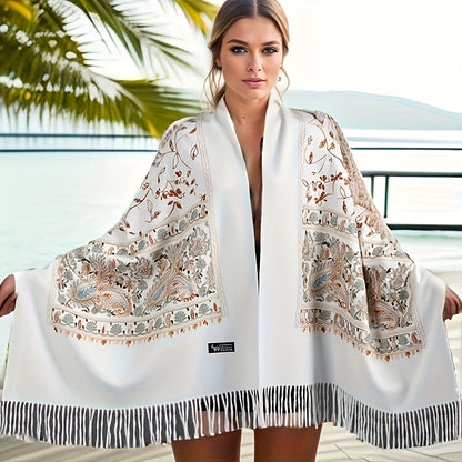 Châle en cachemire bohème pour femme – Broderie cachemire vintage avec pompons, étole légère et chaude pour le printemps et l'automne, 6 couleurs, lavable à la main, pour tenues décontractées et habillées