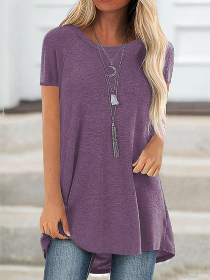 Women's Longline Raglan Short Sleeve T-Shirt – Solid Color Loose Fit Dipped Hem Knit Top in 15 Colors, 35% Viscose 60% Polyester 5% Elastane