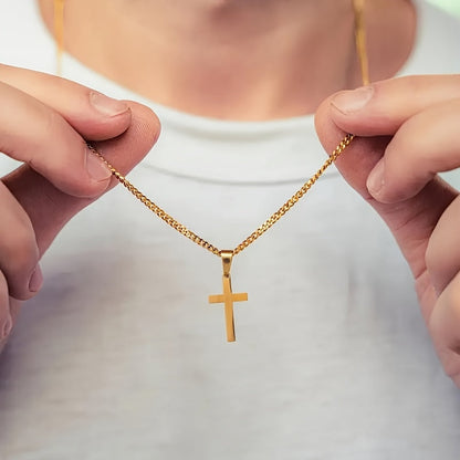 Collier avec pendentif croix pour homme, chaîne cubaine plaquée or 18 carats, acier inoxydable 304, bijou minimaliste et décontracté, cadeau pour lui, acier doré