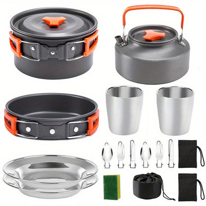 Set de cuisine de camping portable pour 2-3 personnes – Casserole antiadhésive, poêle et bouilloire avec rangement pliable, kit de cuisine d'extérieur léger pour la randonnée, le trekking et les voyages