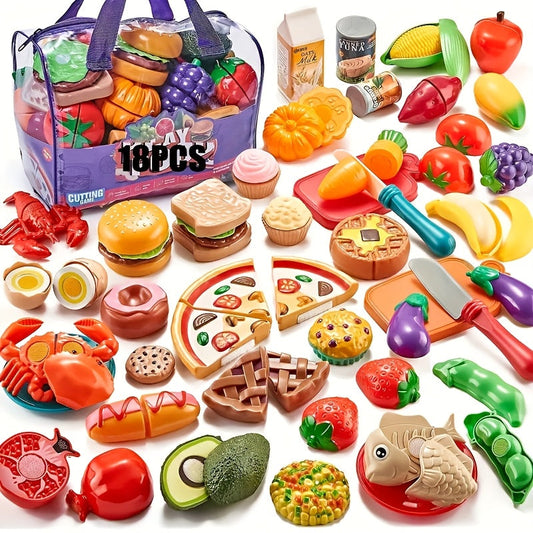 18 Pcs Kids Simulation Kitchen Toy Set Mini Cutting Fruit Vegetable Food Pretend Play Toys Skills Development Birthday Gift for Boys Girls Ages 3+ Random Colors