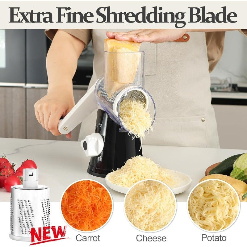 Râpe à fromage rotative manuelle avec 3 lames interchangeables - Base à ventouse antidérapante, brosse de nettoyage incluse, pour fromage frais, légumes et noix, cadeau d'ustensile de cuisine